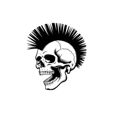 Çığlık atan bir insan kafatasının çarpıcı siyah-beyaz çizimi. Büyük, detaylı bir mohawk saç stili. Cesur, yüksek kontrastlı punk rock grafik sanatı.