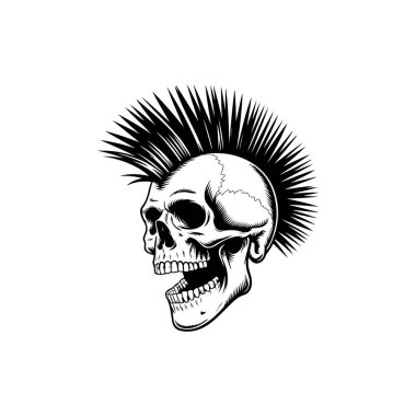 Çığlık atan bir insan kafatasının çarpıcı siyah-beyaz çizimi. Büyük, detaylı bir mohawk saç stili. Cesur, yüksek kontrastlı punk rock grafik sanatı.