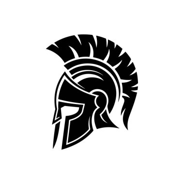 Belirgin bir armaya sahip Sparta miğferinin güçlü bir siyah-beyaz çizimi. Temiz, yüksek kontrastlı beyaz arka planda izole edilmiş eski bir savaşçı maskotu..