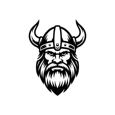 Geleneksel boynuzlu miğfer takan sakallı bir Viking savaşçısının güçlü siyah beyaz çizimi. Beyaz arka planda kalın, yüksek kontrastlı bir maskot grafiği.
