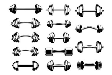 A comprehensive set of black and white vector icons featuring various dumbbells and barbells. This collection offers diverse styles for fitness and weightlifting logos.