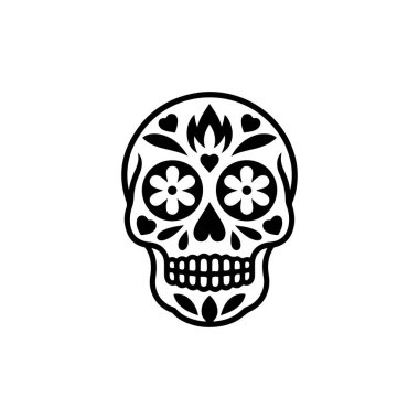Çiçek desenli ve dekoratif motifli bir Meksika şeker kafatasının (Calavera) siyah ve beyaz vektör çizimi. Ölüler Günü temalı tasarımlar için ideal.