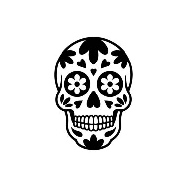 Çiçek desenli ve dekoratif motifli bir Meksika şeker kafatasının (Calavera) siyah ve beyaz vektör çizimi. Ölüler Günü temalı tasarımlar için ideal.