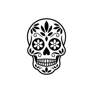 Çiçek desenli ve dekoratif motifli bir Meksika şeker kafatasının (Calavera) siyah ve beyaz vektör çizimi. Ölüler Günü temalı tasarımlar için ideal.
