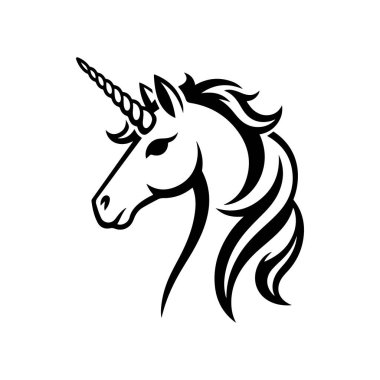 Uçan yeleli ve sarmal boynuzlu görkemli bir tek boynuzlu atın siyah ve beyaz vektör çizimi. Fantezi ve yaratıcı markalaşma için temiz, zarif bir siluet..