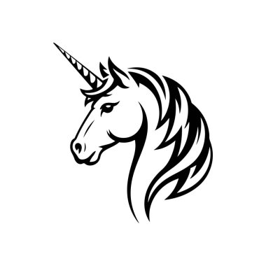 Uçan yeleli ve sarmal boynuzlu görkemli bir tek boynuzlu atın siyah ve beyaz vektör çizimi. Fantezi ve yaratıcı markalaşma için temiz, zarif bir siluet..