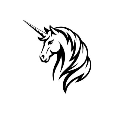 Uçan yeleli ve sarmal boynuzlu görkemli bir tek boynuzlu atın siyah ve beyaz vektör çizimi. Fantezi ve yaratıcı markalaşma için temiz, zarif bir siluet..