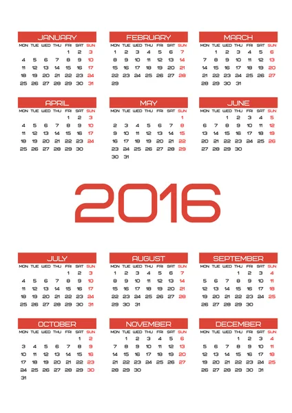 Calendario 2016 neto en vector — Vector de stock