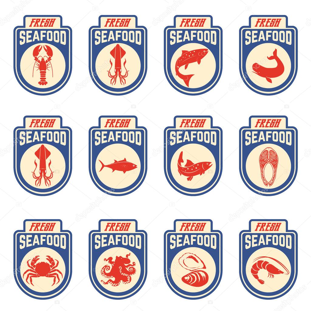 Collection ofseafood labels, seafood illustrations and designed elements in vector. Emblem, label or badge template.
