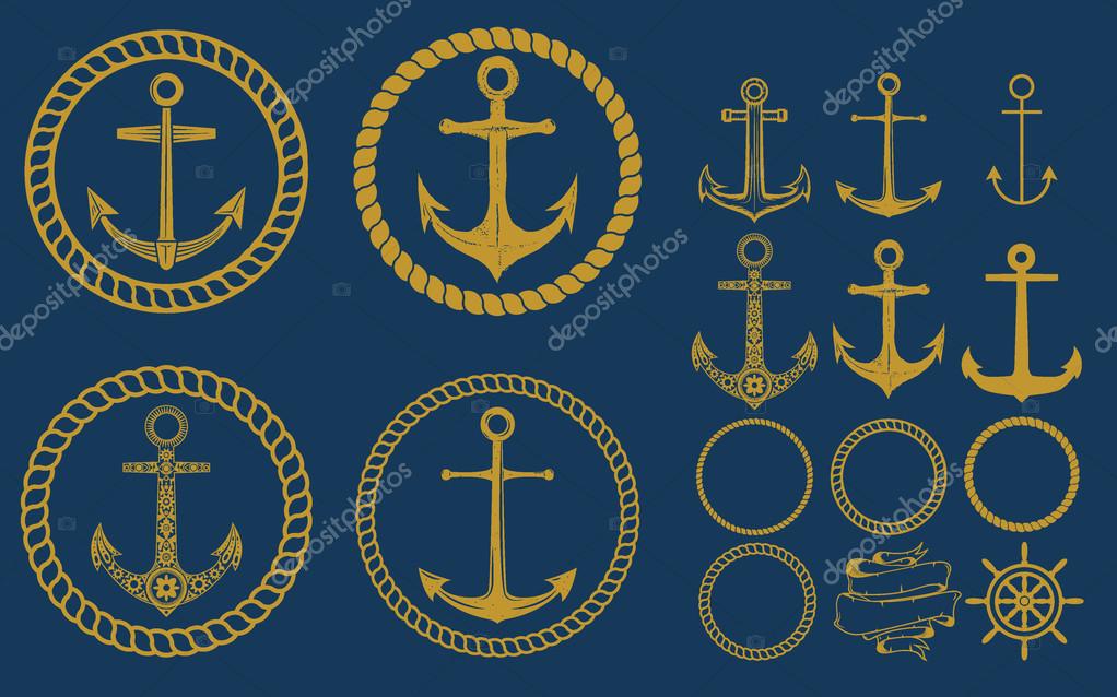 Set of nautical emblems and design elements in vintage style. Anchors labels set on blue background.
