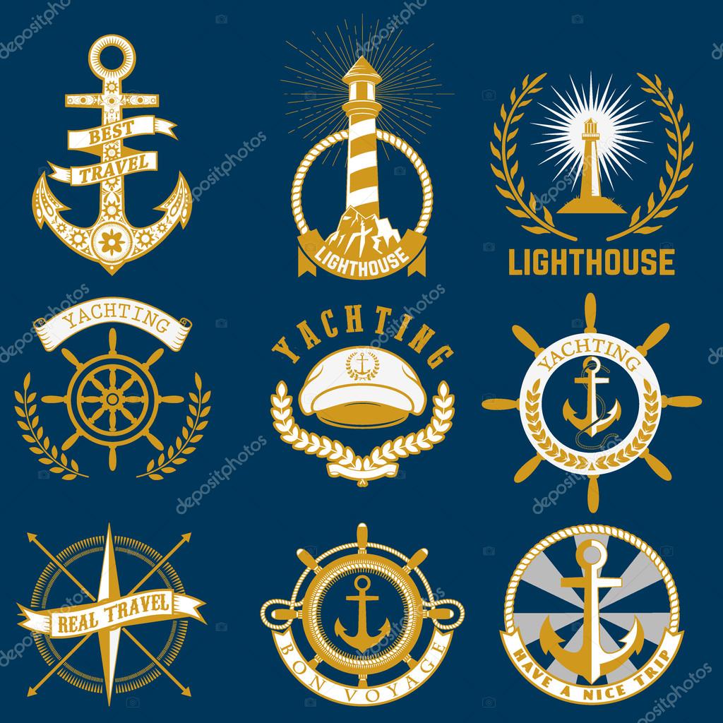 Set of sea and nautical decorations isolated on blue background. Collection of elements for company logos, business identity, print products, page and web decor or other design. Vector illustration.