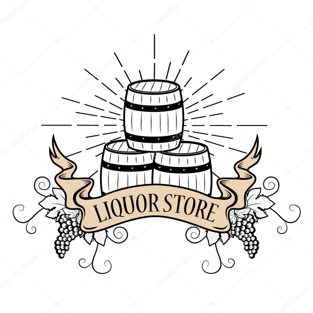 Liquor store label. Oak barrels, grapes, belted ribbon with the inscription 