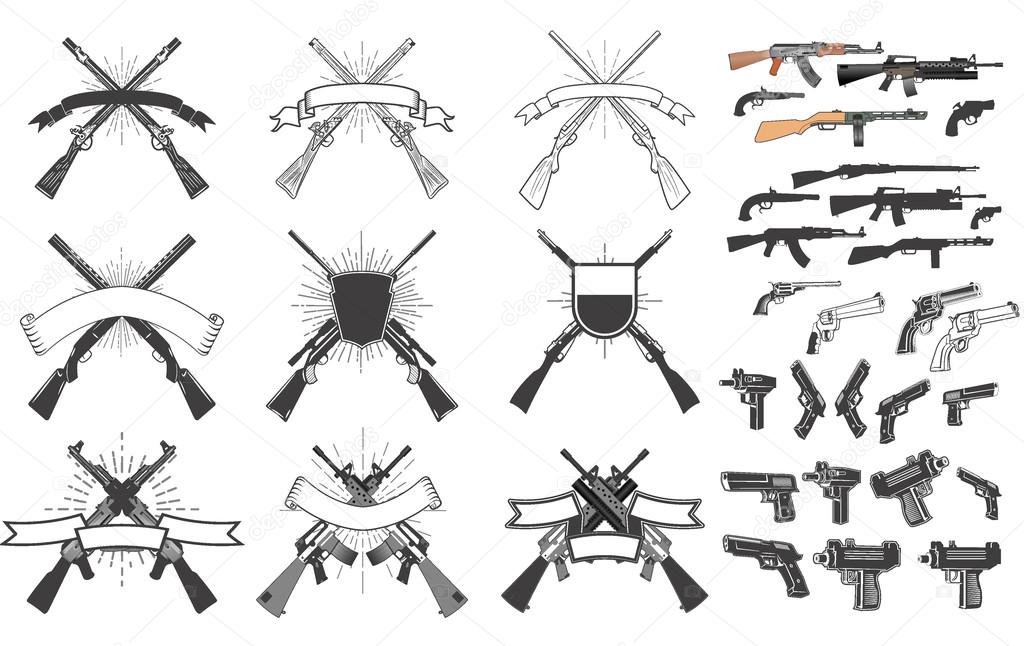 Set of weapon labels and design elements. Hunting weapon labels. Handgun, revolver, rifle, AK.