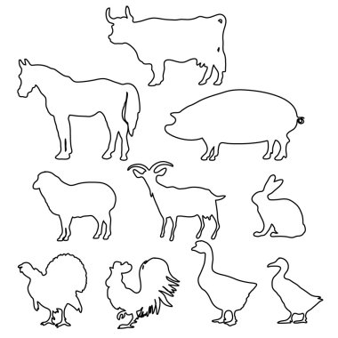 farm animals silhouettes in line style.