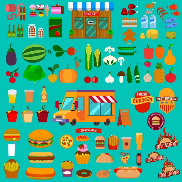 Gran juego de iconos de la comida. Camión de comida. Mercado — Archivo Imágenes Vectoriales