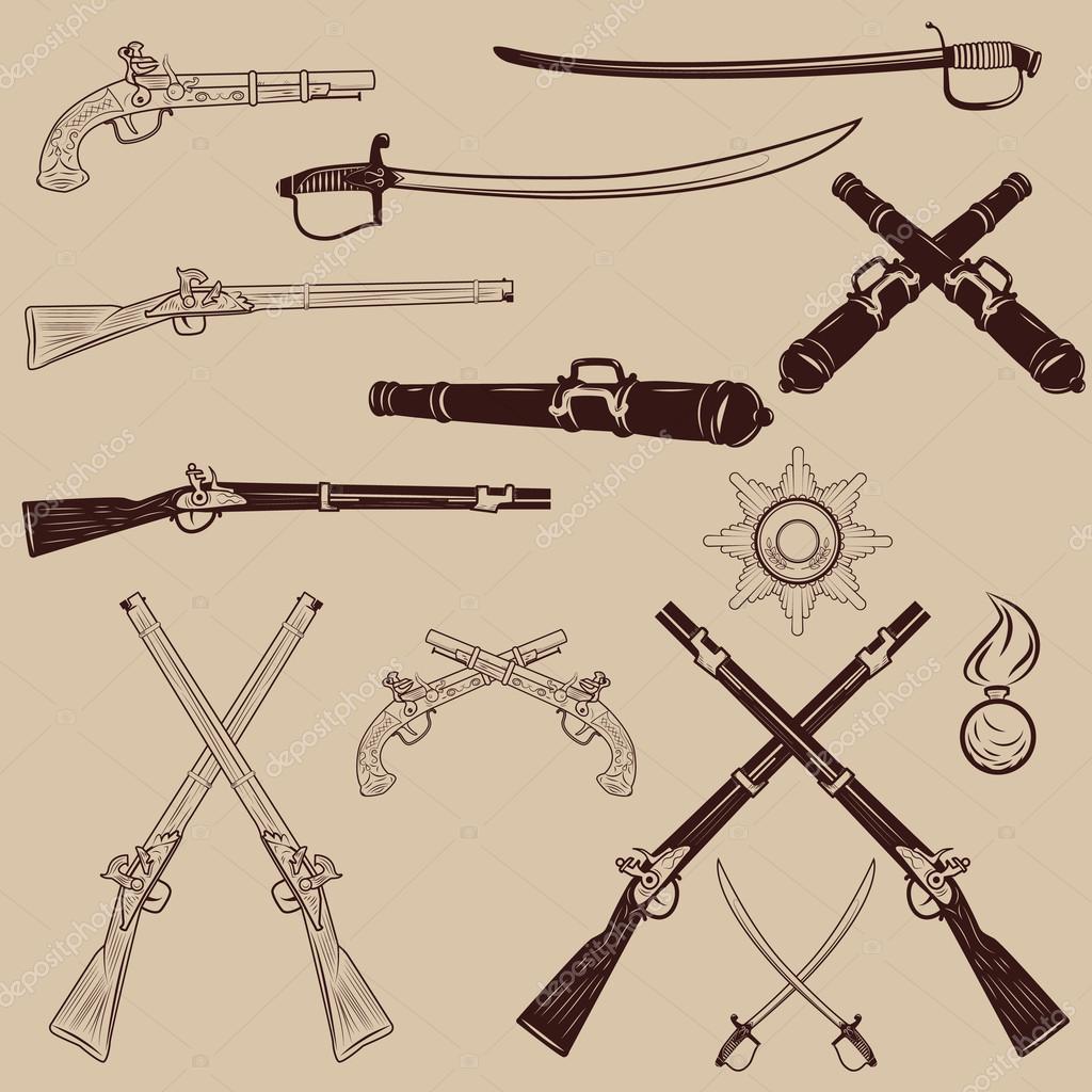 Set of weapon  design elements. Ancient weapon, Ax, sword, sabers, grenades