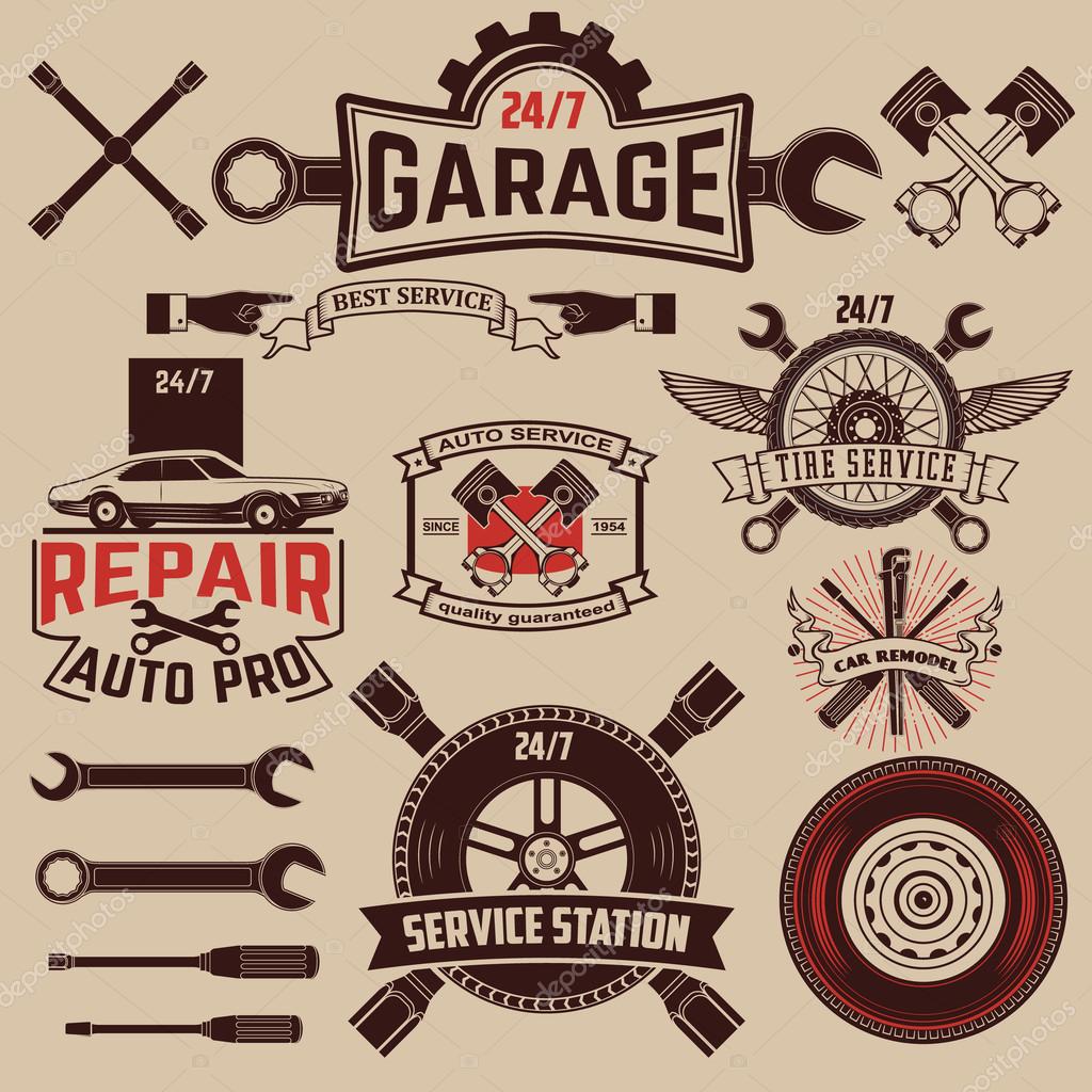 Set of Car service icons. Auto parts. Retro vintage car labels set. Design elements for logo, label and emblem design.