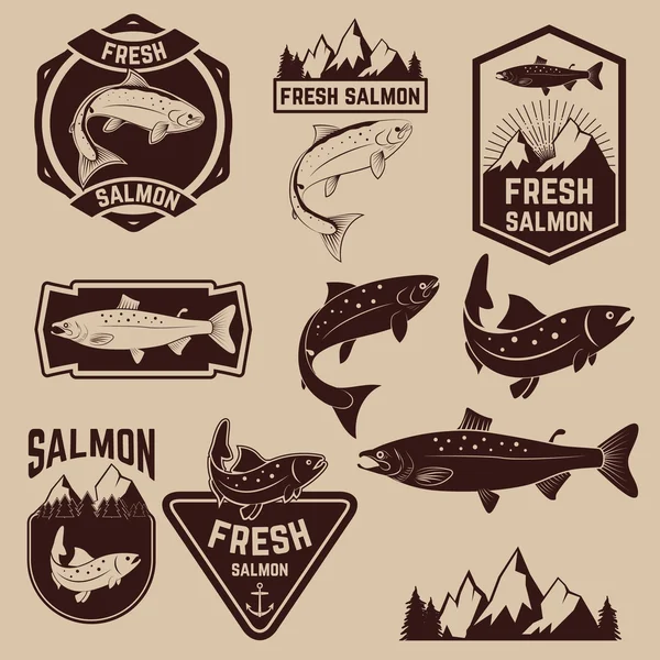 Conjunto de rótulos de salmão fresco — Vetor de Stock