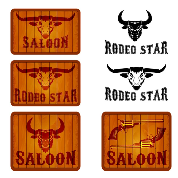 Set of saloon and rodeo emblems templates with bull heads. — Stock Vector