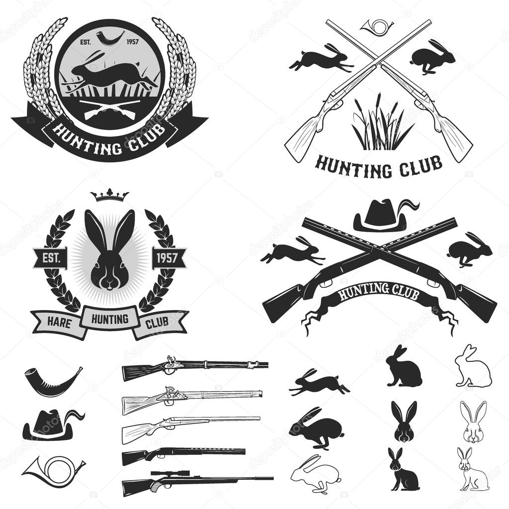 Set of hare hunting club labels, badges and design elements. Vector illustration.