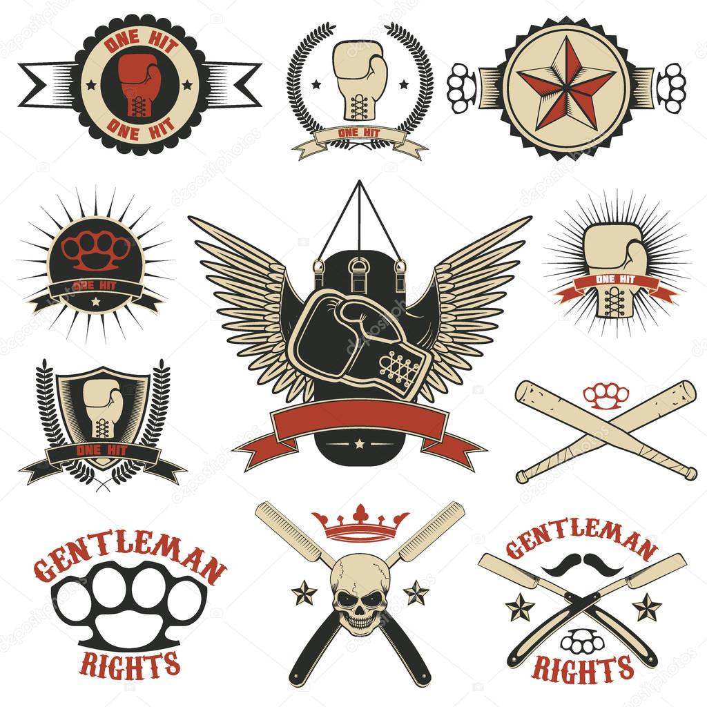 Set of mma, boxing, street fight emblems and design elements. Fight club. Gentlemen club. Vector illustration.
