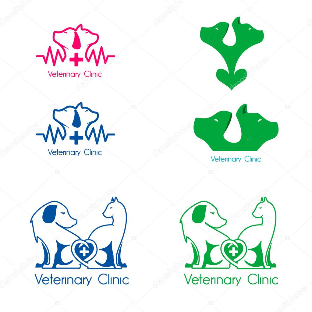 Set of pet veterinary clinic labels, emblems and design elements in vector. Cat and Dog heads in vector.