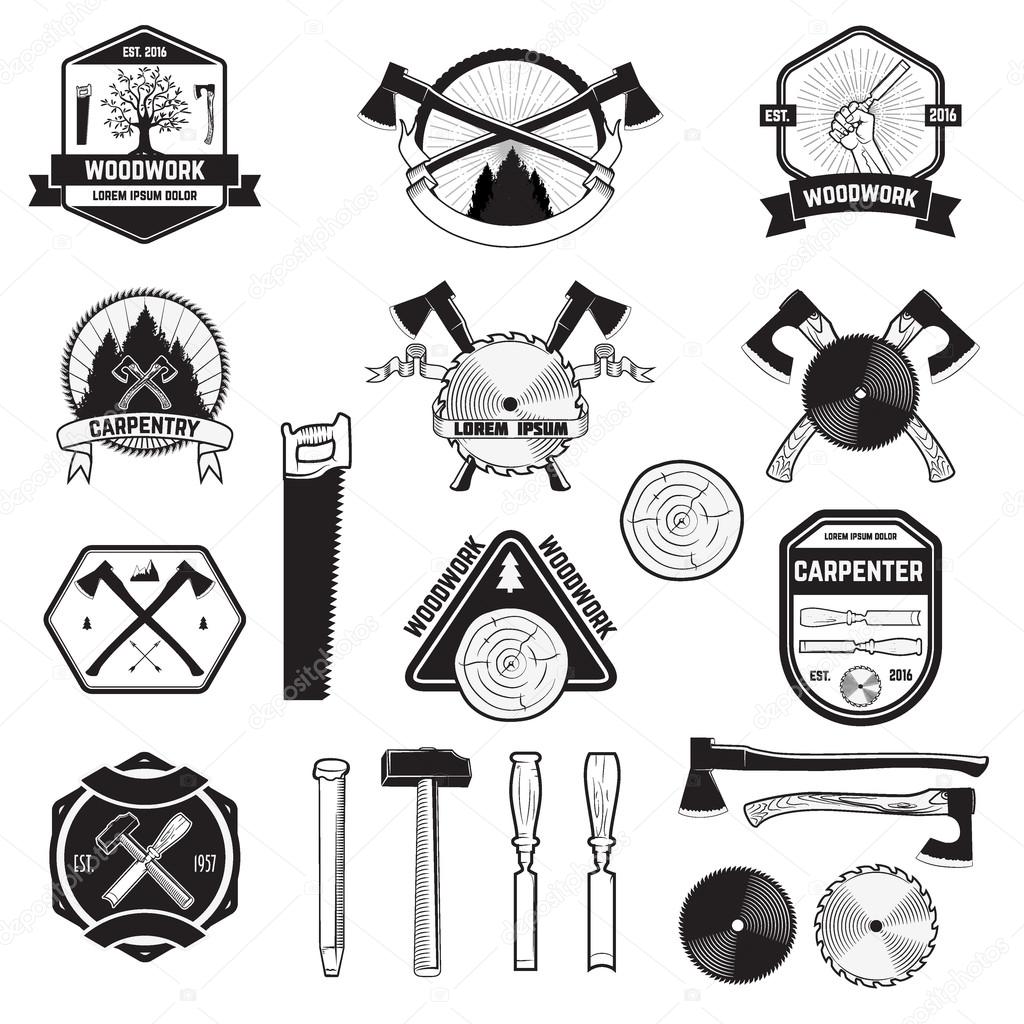 Carpentary and woodwork emblems. Set of logo, labels, badges and logotype elements for sawmill, carpentry and woodworkers