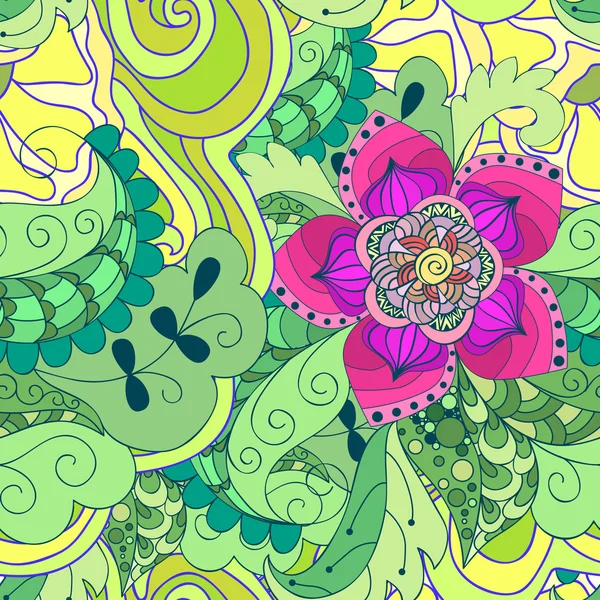 Tasarım seamless modeli. Soyut mor çiçek ve yeşil yaprakları. Elle çizilmiş arka plan. Mükemmel kumaş ya da kağıt üzerine basım için.