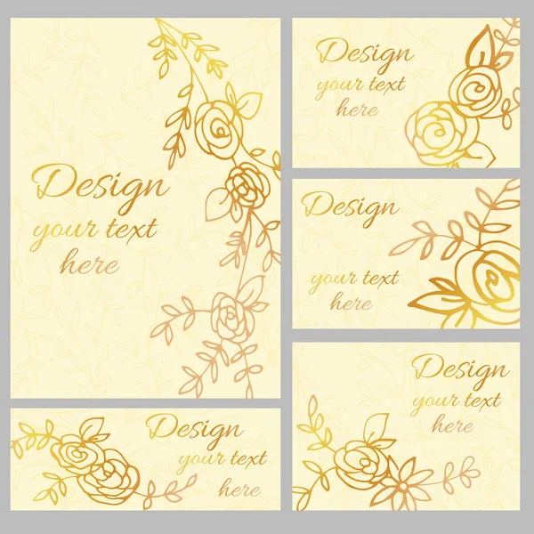 Plantillas de diseño en oro, volantes, invitaciones, tarjetas de visita. flores abstractas de oro Doodle — Vector de stock