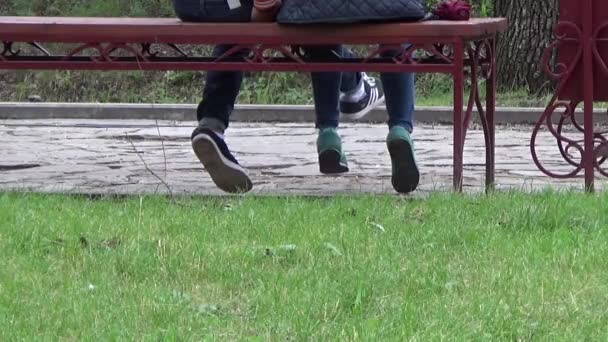 Boy and girl sitting on a bench and talking down.Cloudy summer day.Slow walk among large trees near the benches. Sit on the bench boy and girl.City landscape. The road covered with stones. — Stock Video