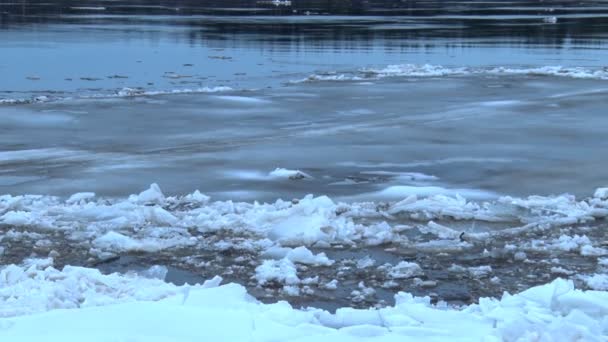 Grote blok ijs geript van de oever van de rivier — Stockvideo