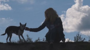 Kız ve köpek gökyüzü arka plan üzerinde