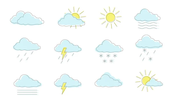 Hava simgeleri beyaz arkaplanda izole edildi. Meteorolojik ikon koleksiyonu. Güneş, bulutlar, yağmur, kar.