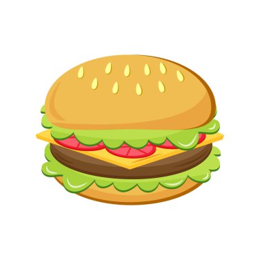Burger beyaz arka plan vektör illüstrasyonunda izole edildi. Fast food ikonu. Çizgi film tarzı. düz karakter.