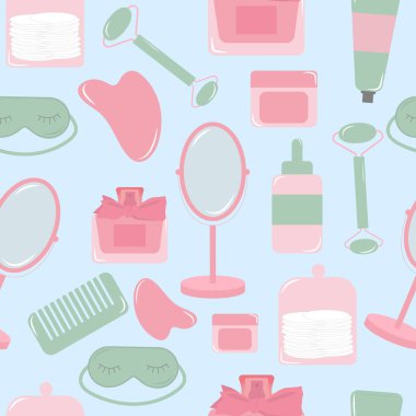 Cilt güzelliği rutin, kusursuz desenli vektör çizimi. Çeşitli güzellik objeleri deseni. Düz karakter. Çizgi film biçimi. 