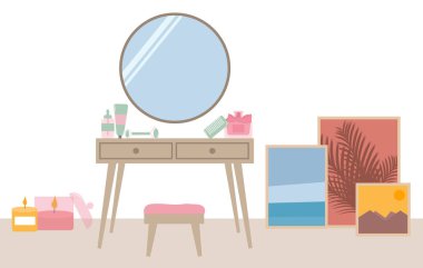  Evdeki rahat iç mekan. Soyunma masası temsili. Yatak odasında masa, ayna ve sandalye olan bir kadın. Düz biçim vektör illüstrasyonu.