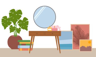 Hygge tarzı vektör illüstrasyonuyla döşenmiş rahat, modern bir daire. İskandinav tarzı. çizgi film karakteri.