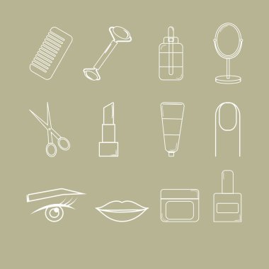 Güzellik vektör simgeleri vektör illüstrasyonunu ayarlar. Çizgi Sanatı. 