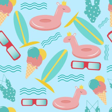 Mavi arka planda yaz elementleri kusursuz desen. Düz biçimli yaz vektörü arkaplanı.