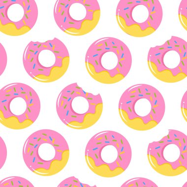 Donutlar kusursuz desenli vektör çizimi. Amerikan tatlı yemekleri. Kumaş baskısı, fırın etiketi, çizgi film vektör tatlı dokusu için tasarım.