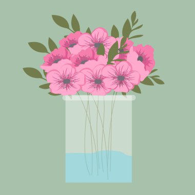 Yeşil arka planda izole vazolarda şakayık çiçekleri. Dekoratif çiçek tasarımı elementi. Düz çizgi film vektör çizimi.