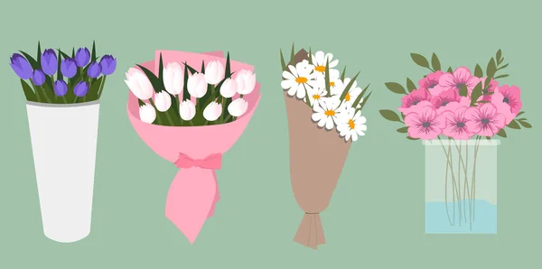 Ensemble Différents Beaux Bouquets Avec Jardin Fleurs Sauvages Vecteur Plat — Image vectorielle