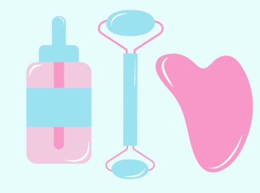 Yüz masajı için yüz silindiri ve gua sha. Evde kişisel bakım, anti-yaş rutini. Güzellik hakkında elle çizilmiş düz çizim.