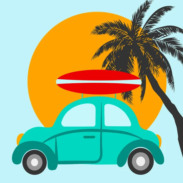 Coche Con Ilustración Vector Tabla Surf Personaje Dibujos Animados — Vector de stock