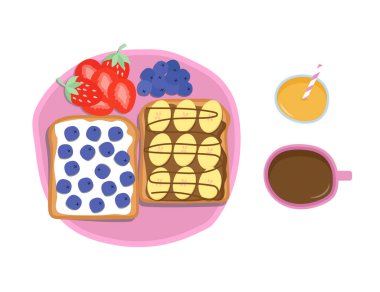 Kahvaltının üst görüntüsü. Böğürtlenli ve muzlu tost. Portakal suyu ve kahve fincanı vektör çizimi.