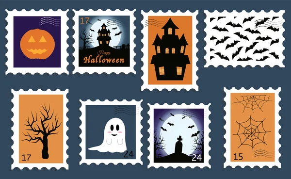 Briefmarken Mit Halloween Elementen Post Und Postamt Konzept — Stockvektor