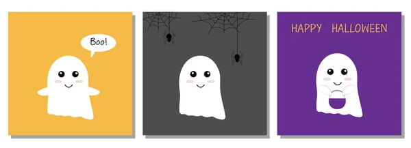 Set Von Vector Halloween Grußkarten Mit Niedlichen Gespenstern — Stockvektor