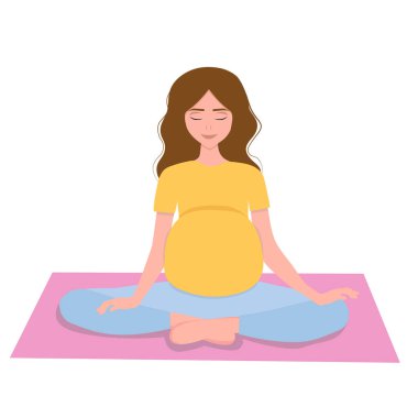 Hamile kadın doğum öncesi yogası yapıyor. Hamilelik sağlığı konsepti. Düz biçimdeki şirin vektör illüstrasyonu
