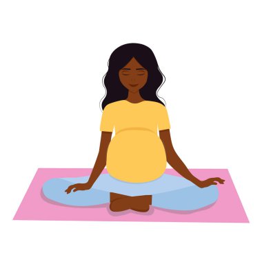 Hamile zenci kadın doğum öncesi yogası yapıyor. Hamilelik sağlığı konsepti. Düz biçimdeki şirin vektör illüstrasyonu