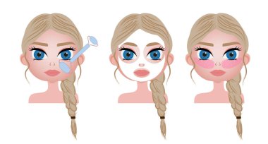 Güzellik rutini. Güzel sarışın bayan. Yüz bakımı konsepti. Temizleme, nemlendirici, tedavi. çizgi film karakteri.